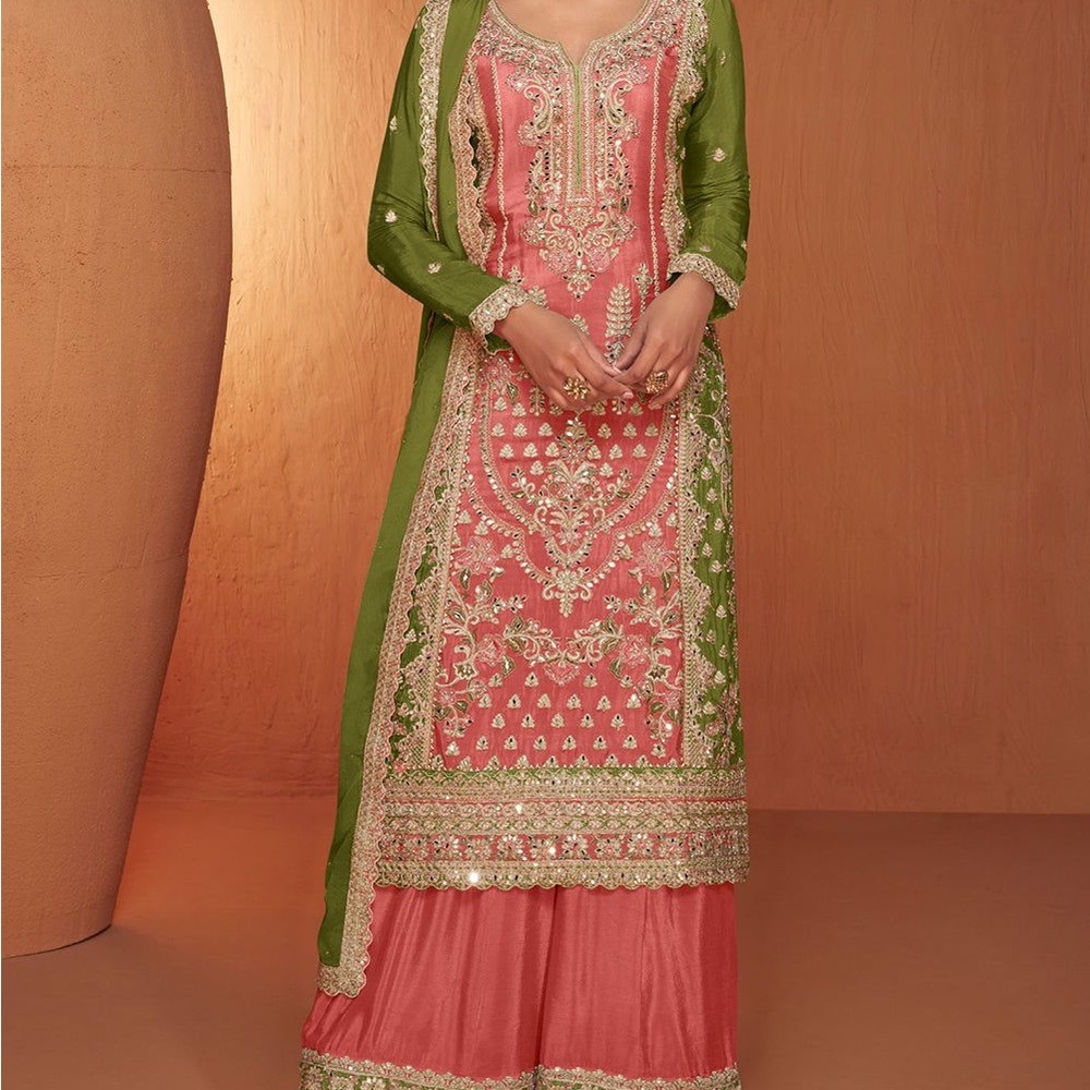 Shalwar Kameez- Elegant Pink and Green Embroidered Dress, Size Medium